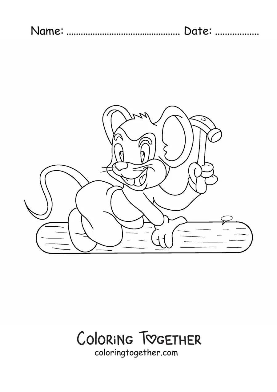 Coloring page of a cartoon carpenter mouse hammering a nail