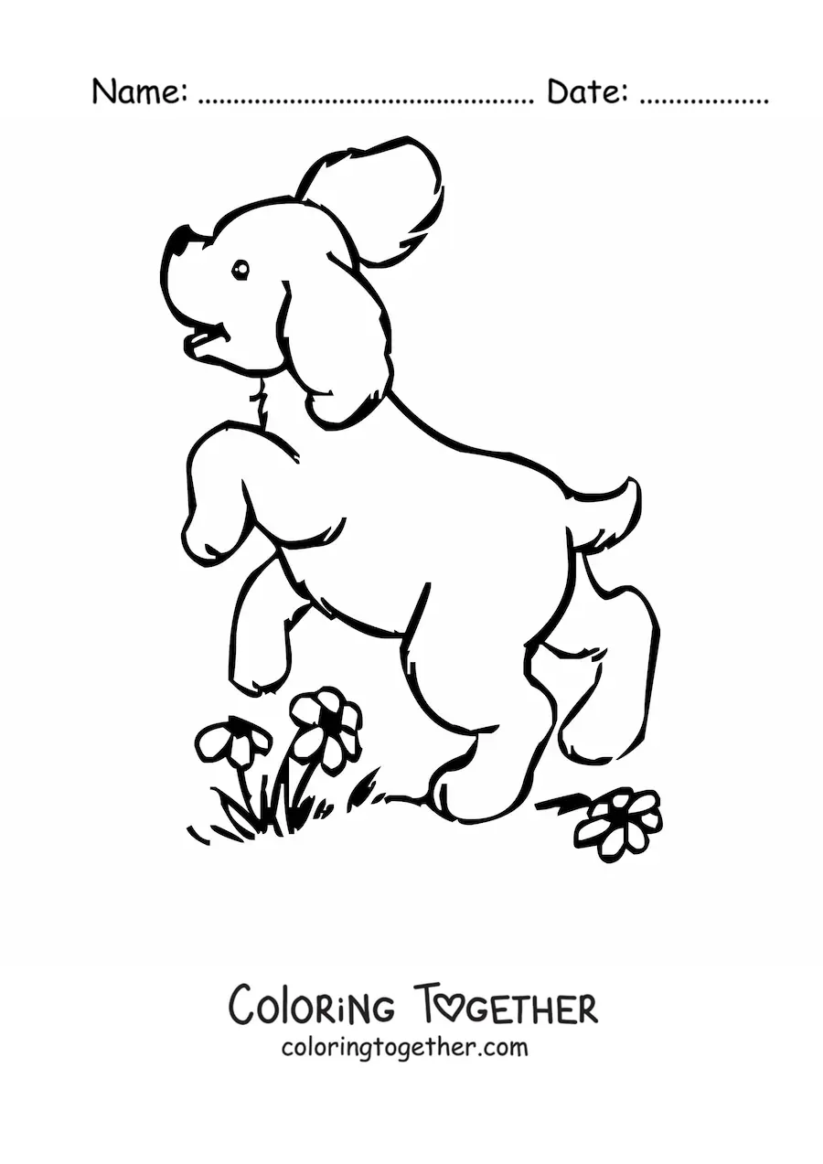 Coloring page of a cartoon puppy jumping in a garden full of flowers