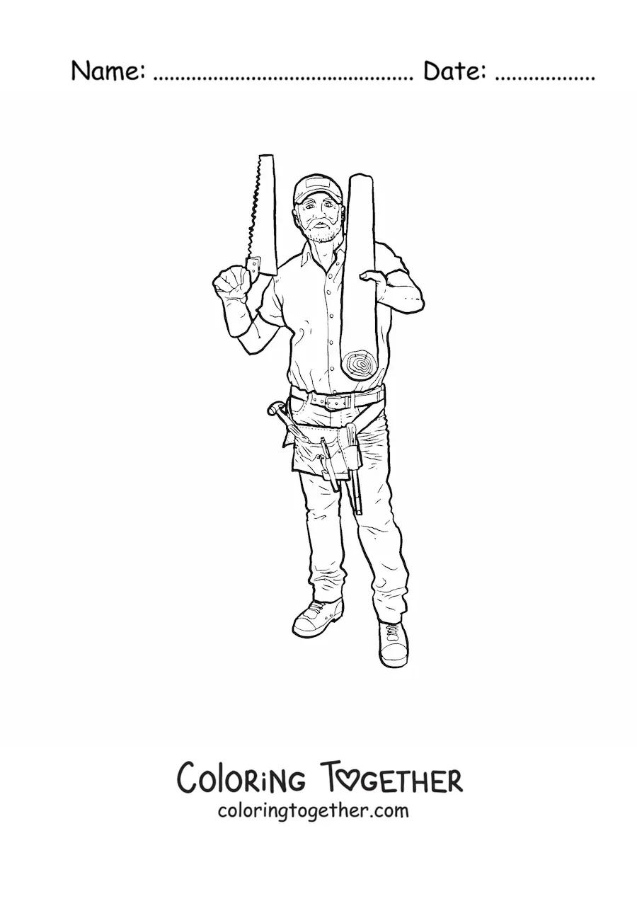 Coloring page of a realistic carpenter with his tools