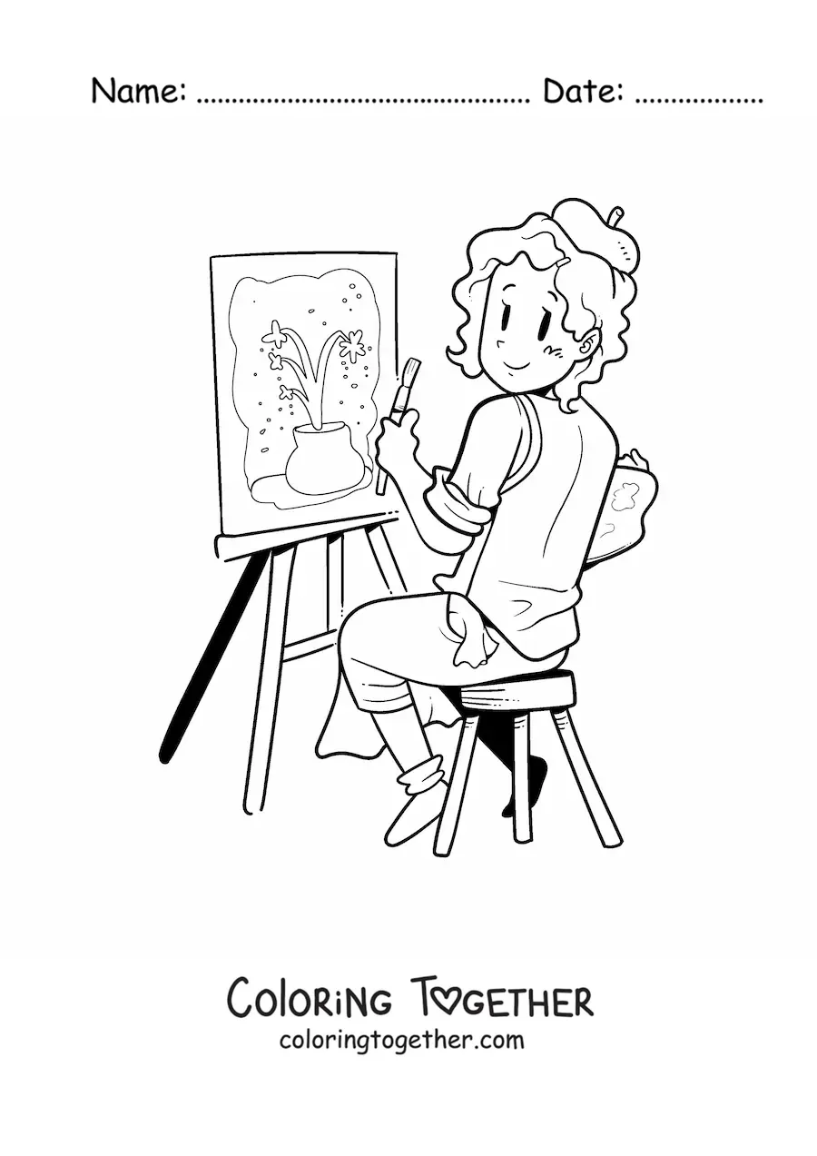 Coloring page of an artistic painter creating an artwork