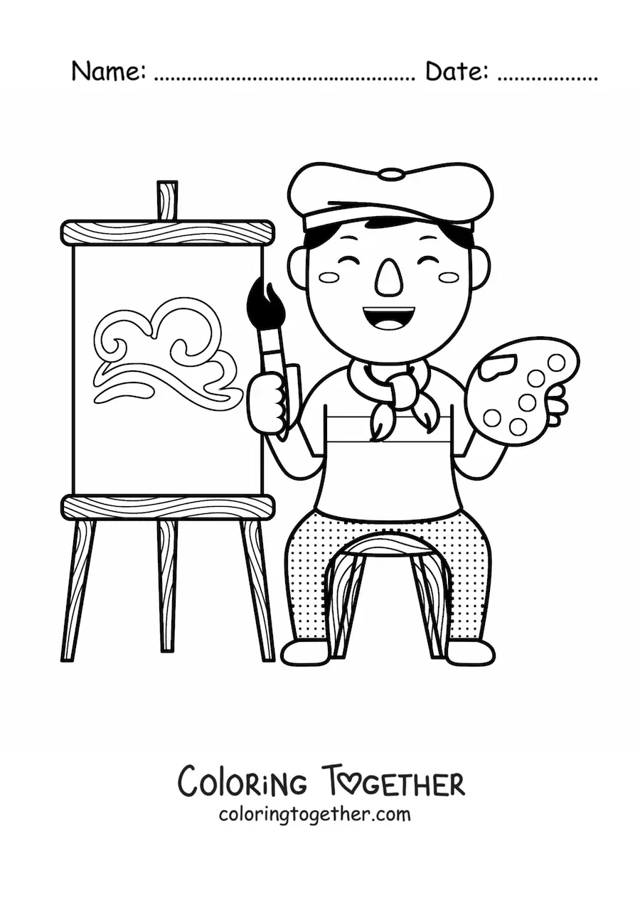 Coloring page of an artistic painter painting a picture