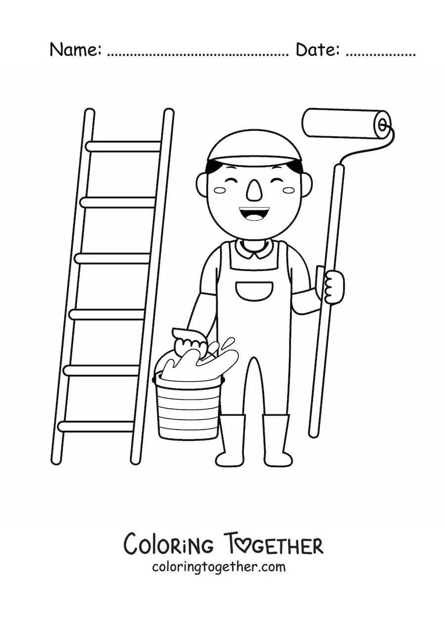 Coloring page of a man who works as a painter with a roller and a ladder