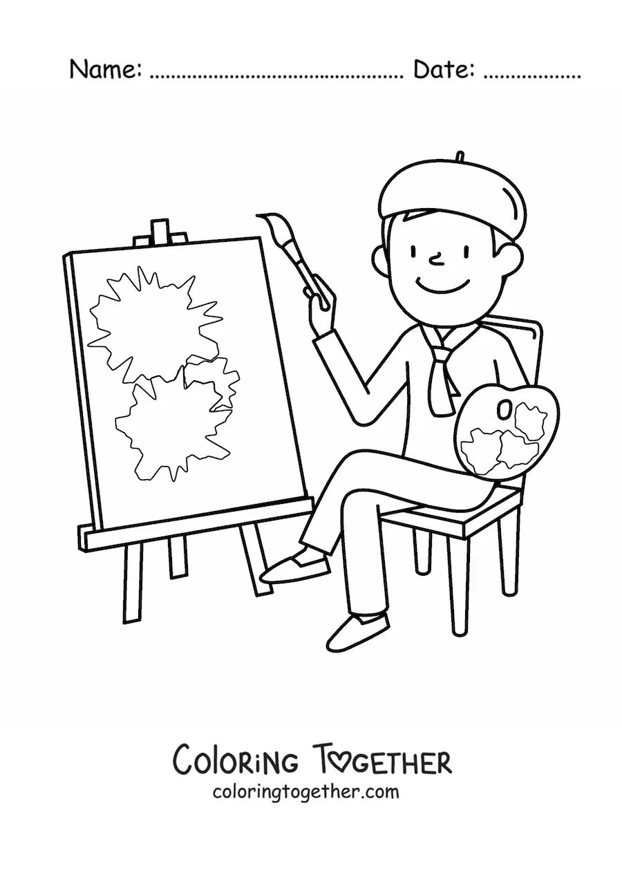 Coloring page of a cartoon French artist painting a picture