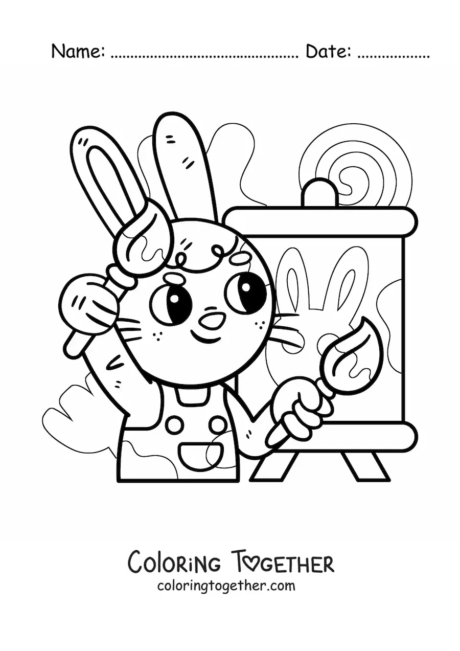 Coloring page of a kawaii cartoon painter rabbit painting a picture