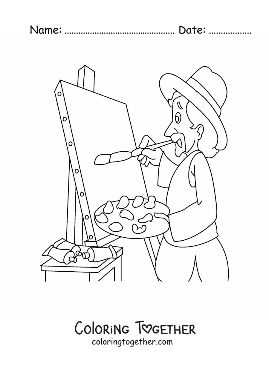 Coloring page of a cartoon van Gogh painting a picture