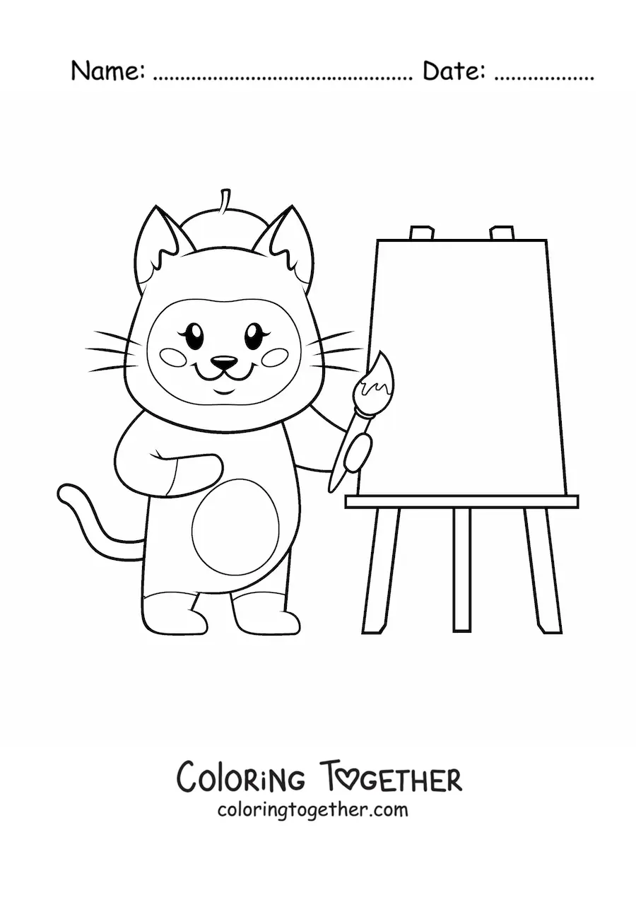 Coloring page of a kawaii cartoon painter cat painting a picture