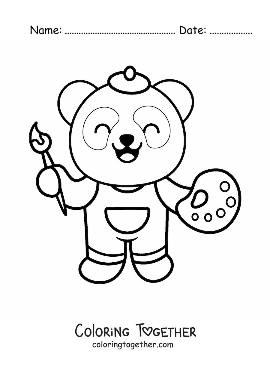 Coloring page of an easy kawaii painter panda with a palette and a brush
