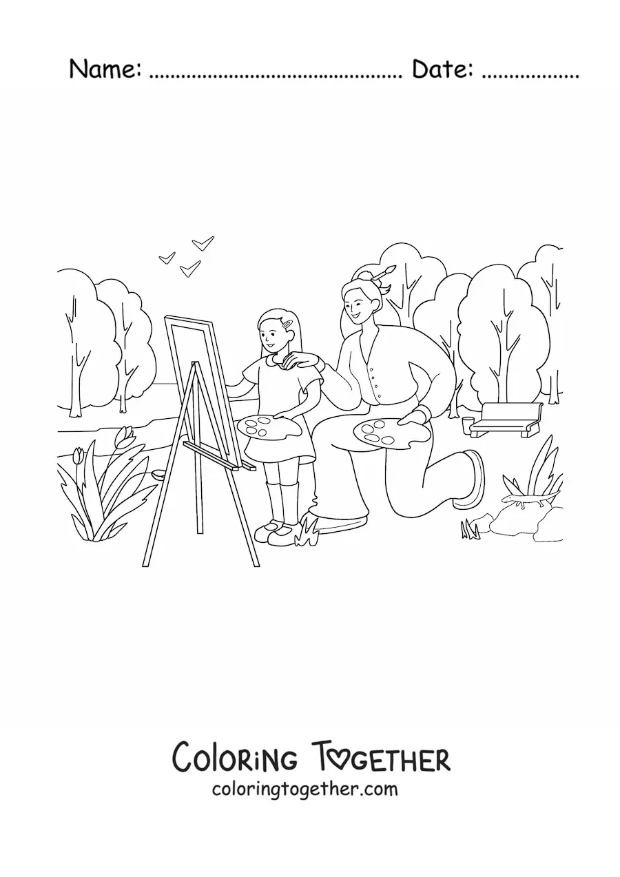 Coloring page of a girl and her mother painting a picture in a park