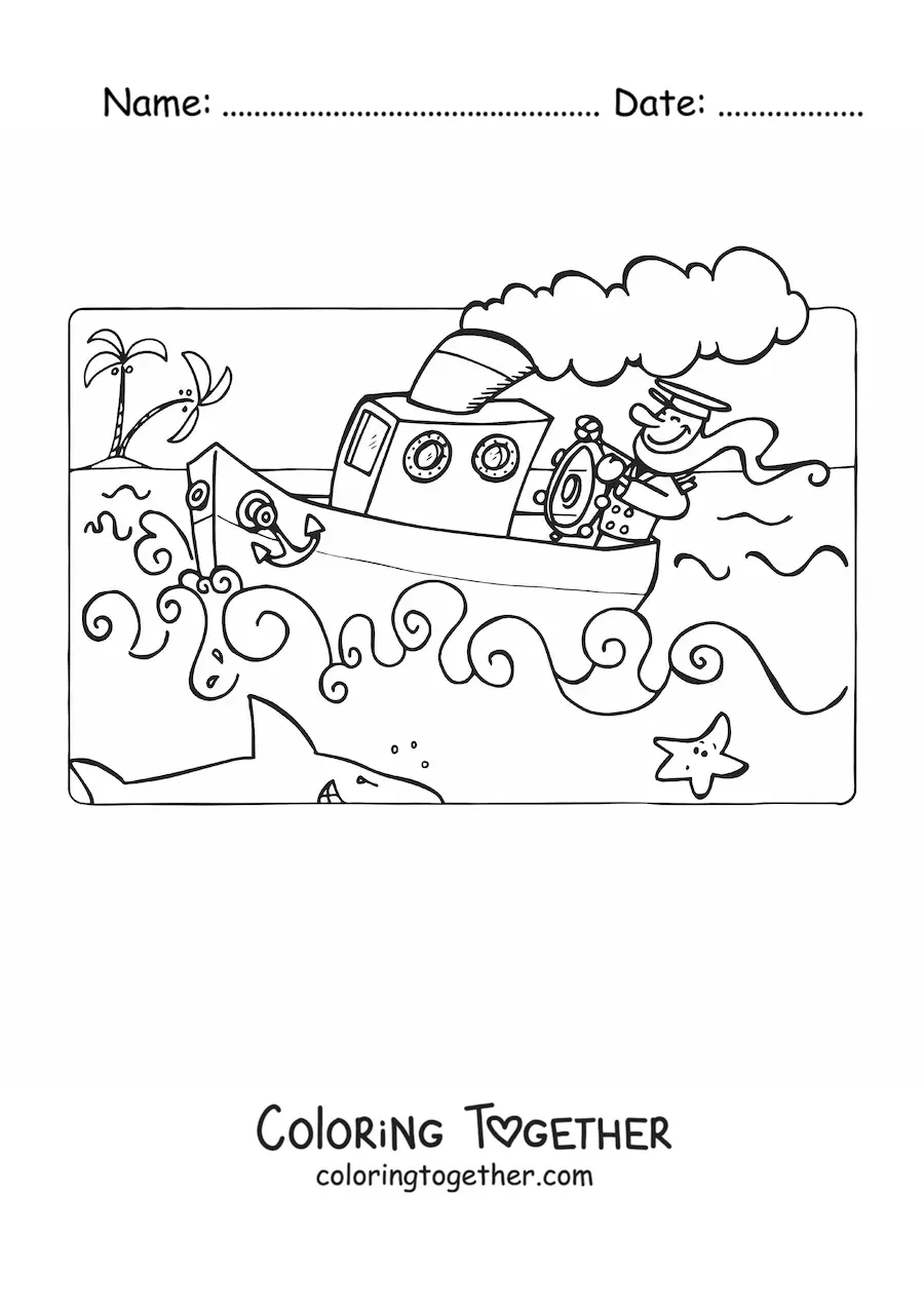 Coloring page of a sailor on a boat at sea with a shark and a starfish