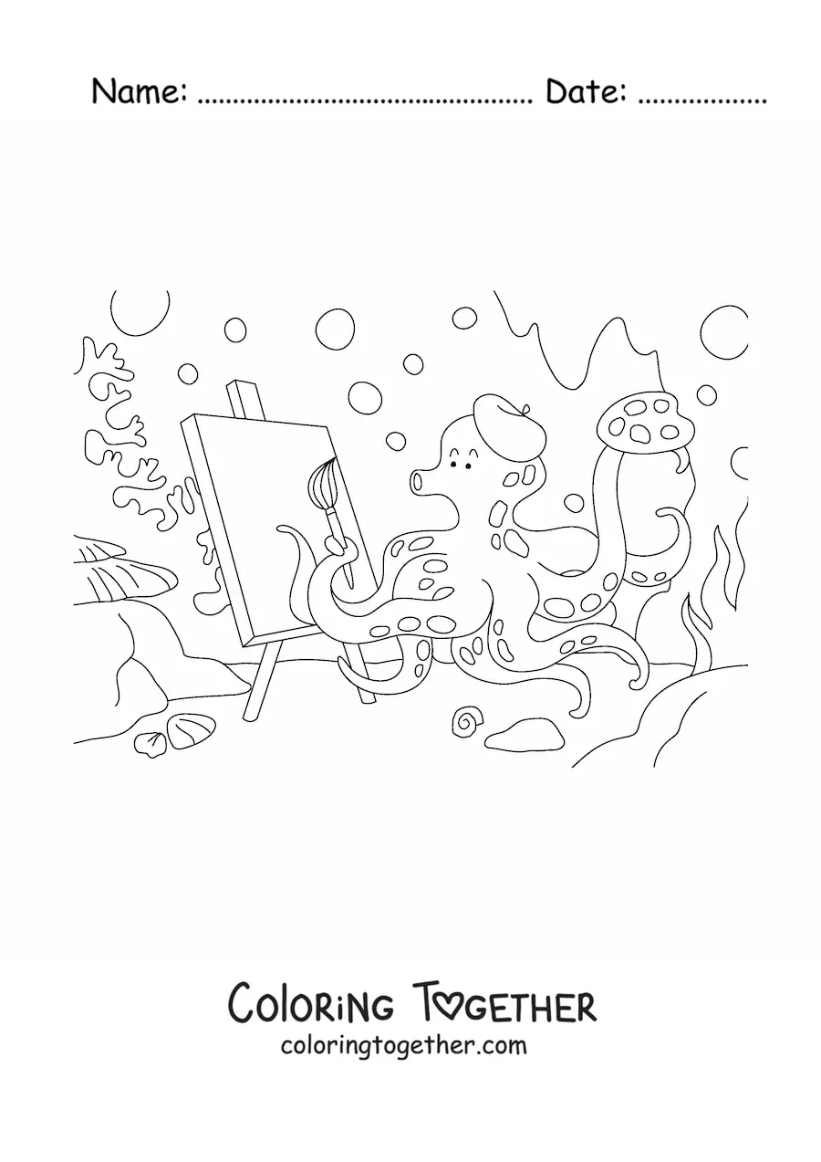 Coloring page of a cartoon painter octopus painting a picture under the sea