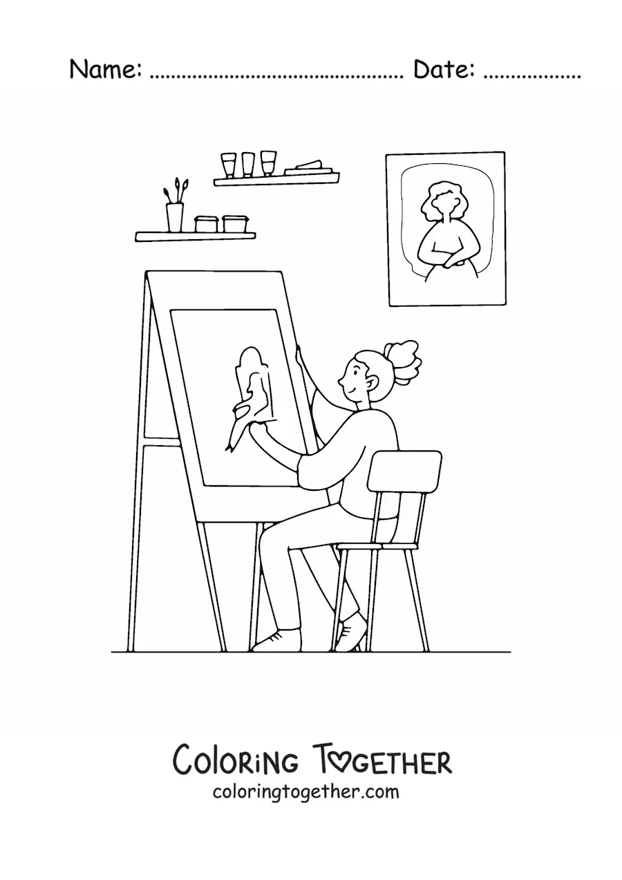 Coloring page of an artist girl painting a picture at home