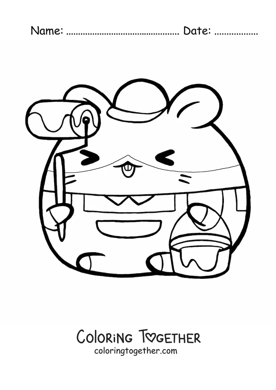 Coloring page of a kawaii cartoon hamster who works as a painter with a roller