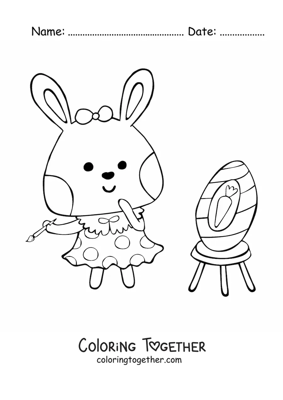 Coloring page of a kawaii cartoon painter rabbit painting an Easter egg