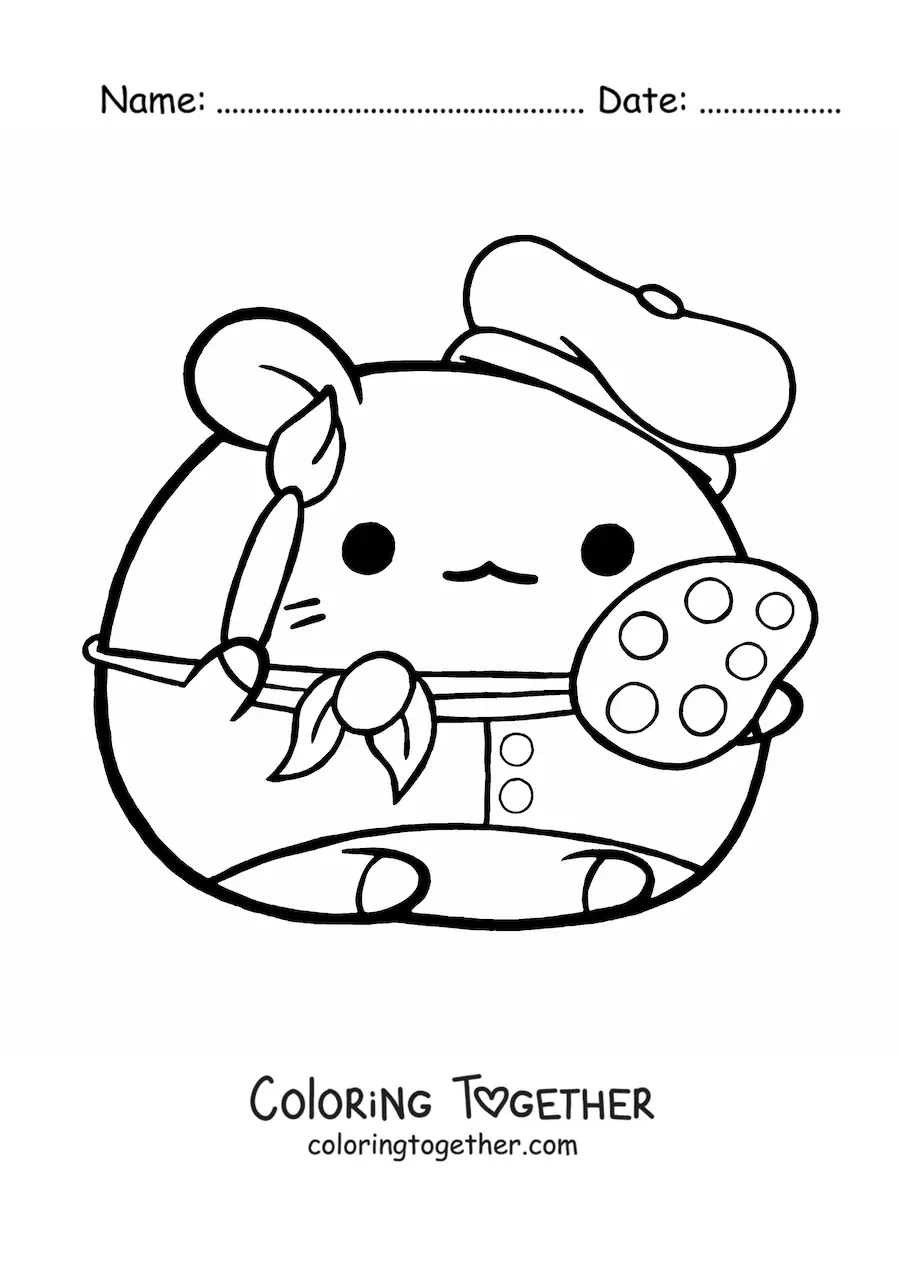 Coloring page of a kawaii cartoon painter hamster with a palette and a brush