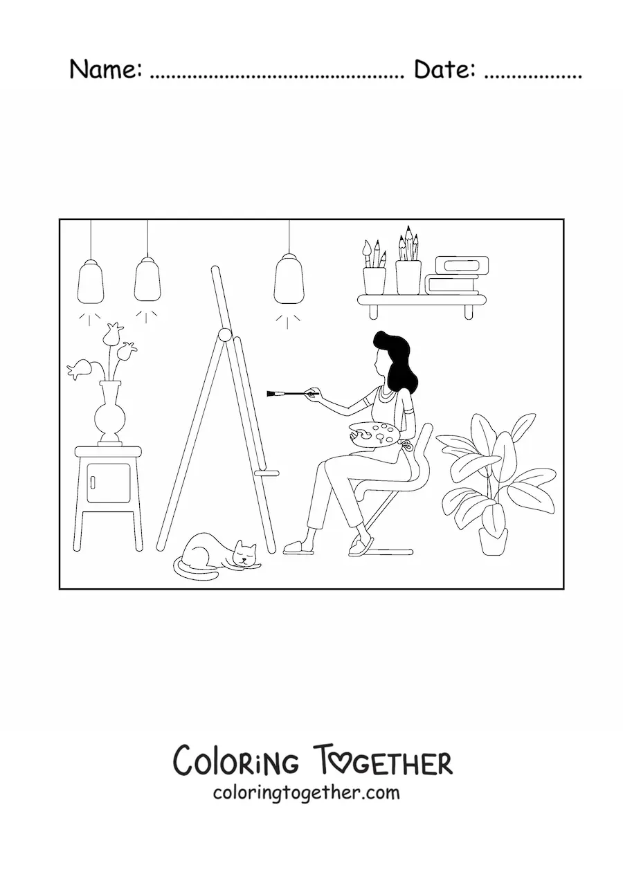 Coloring page of an artist girl painting a picture at home next to her cat