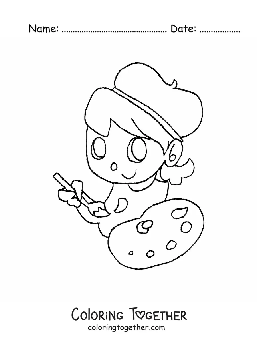 Coloring page of an easy painter with a palette and a brush