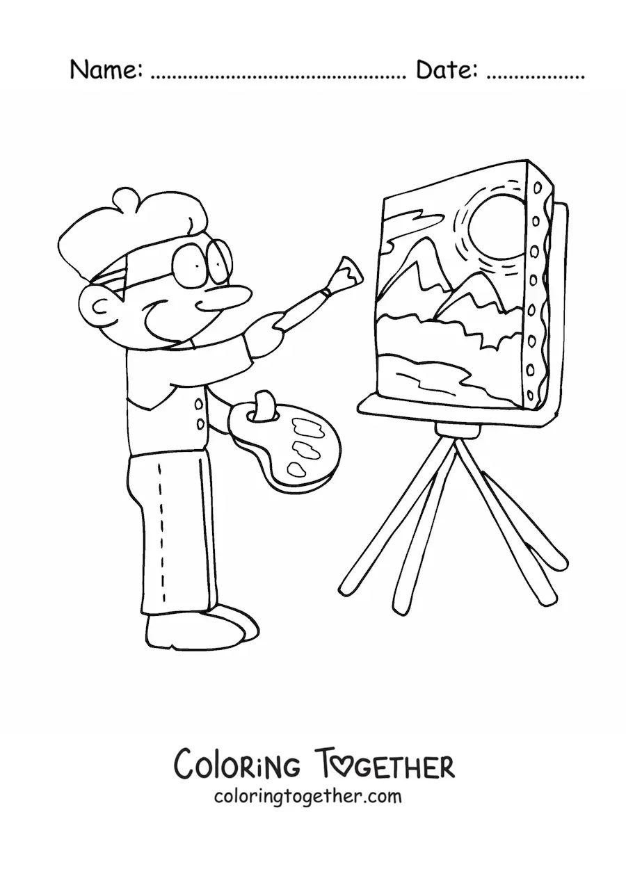 Coloring page of an easy cartoon painter painting a work of art