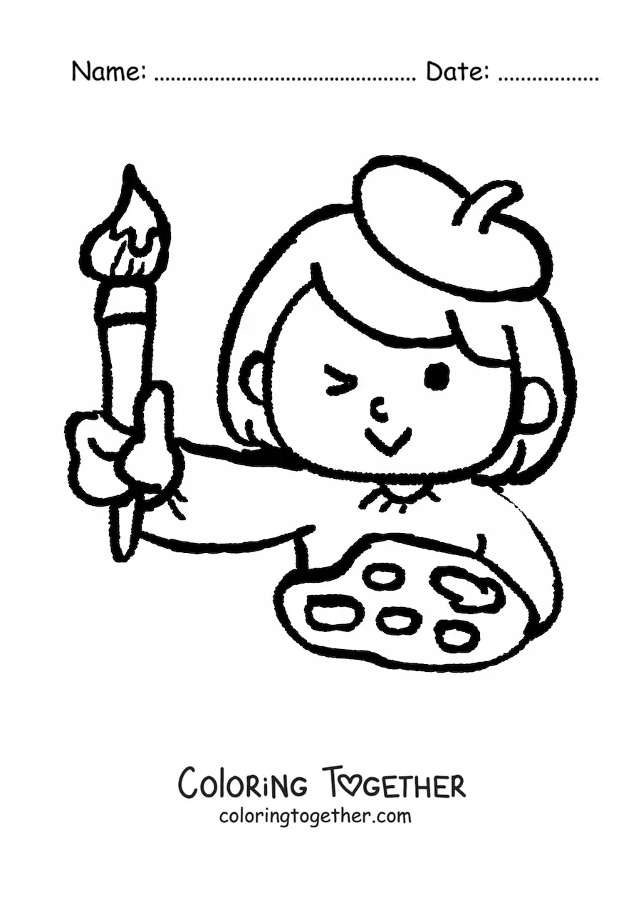 Coloring page of an easy visual artist with a palette and a brush