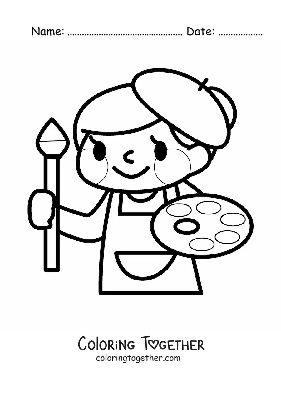 Coloring page of an easy kawaii painter