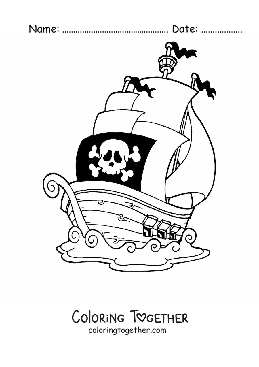 Coloring page of a pirate ship at sea