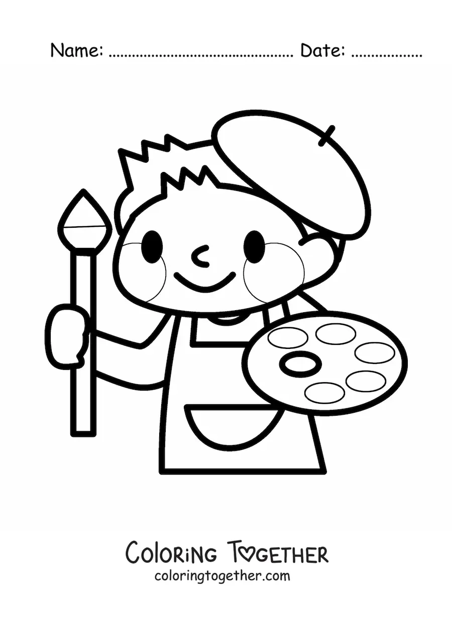Coloring page of an easy kawaii painter