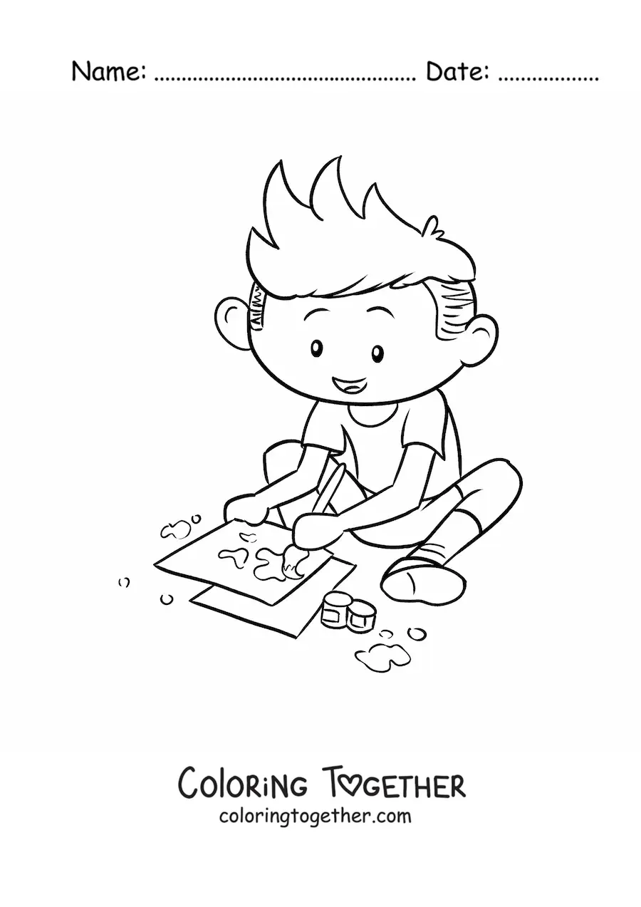 Coloring page of a boy painting on sheets of paper