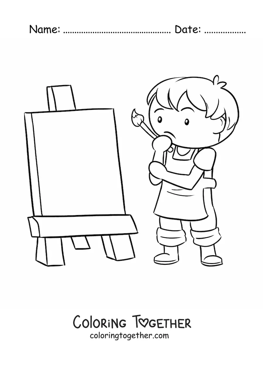 Coloring page of a boy painter in front of a blank canvas