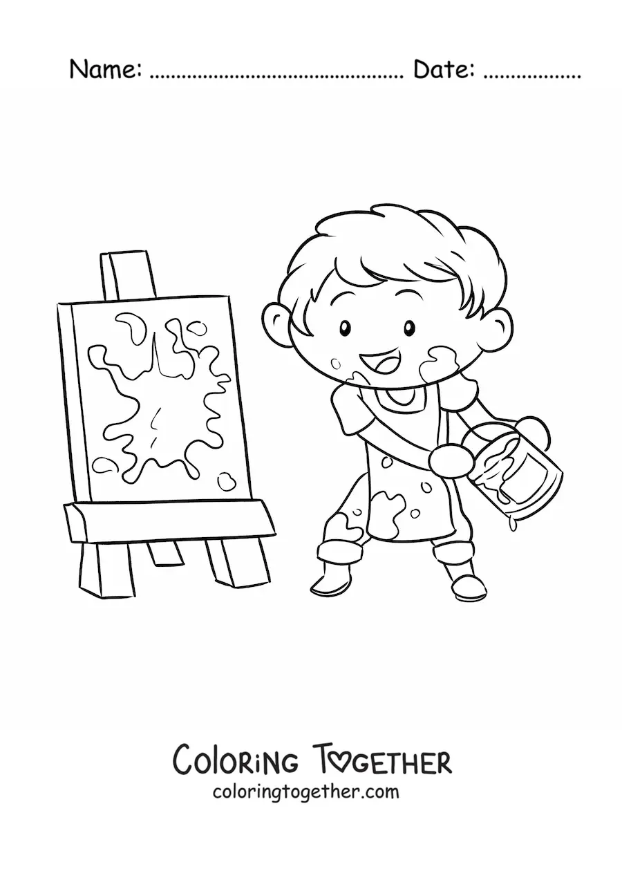 Coloring page of a boy painter painting an abstract picture
