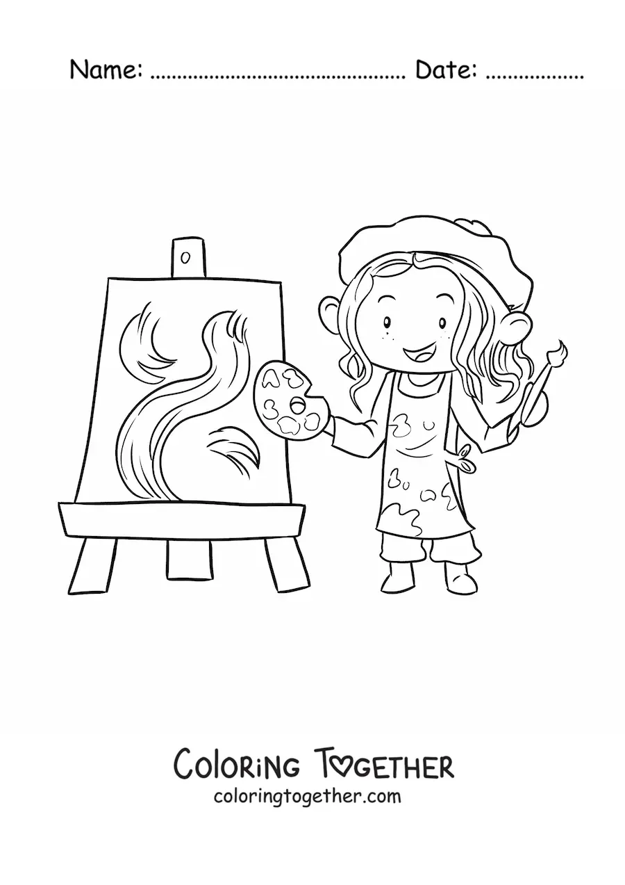 Coloring page of a girl painter painting an abstract picture