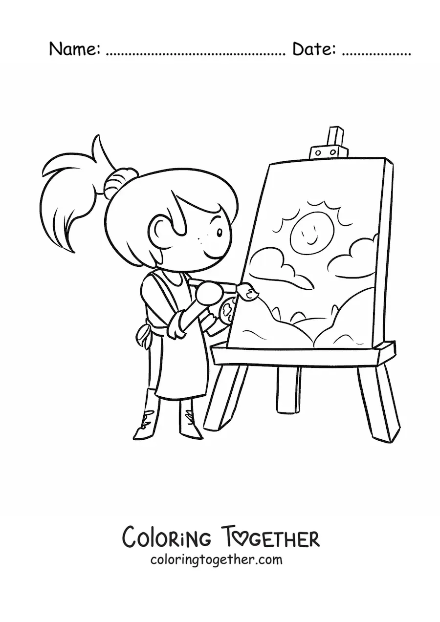 Coloring page of an artist girl painting on a canvas