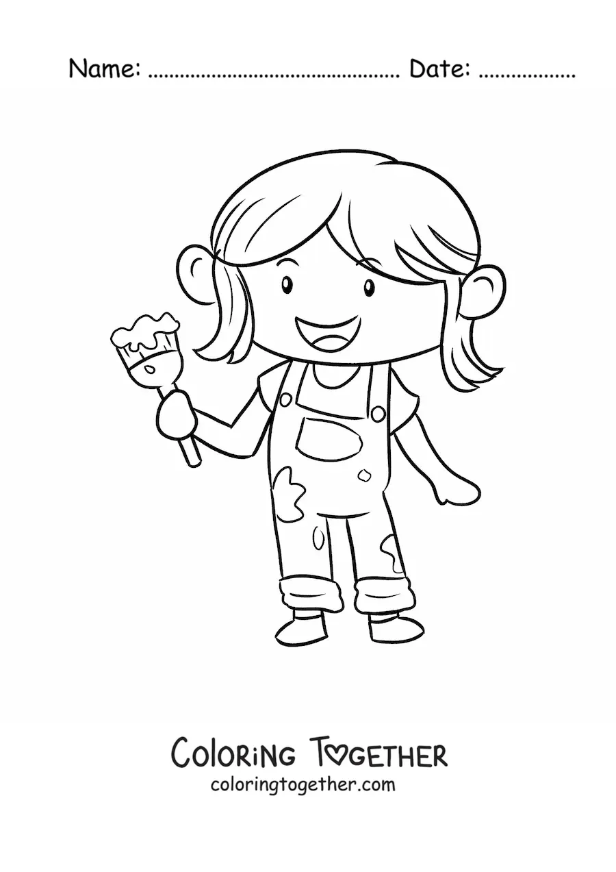 Coloring page of a girl painter with a paintbrush