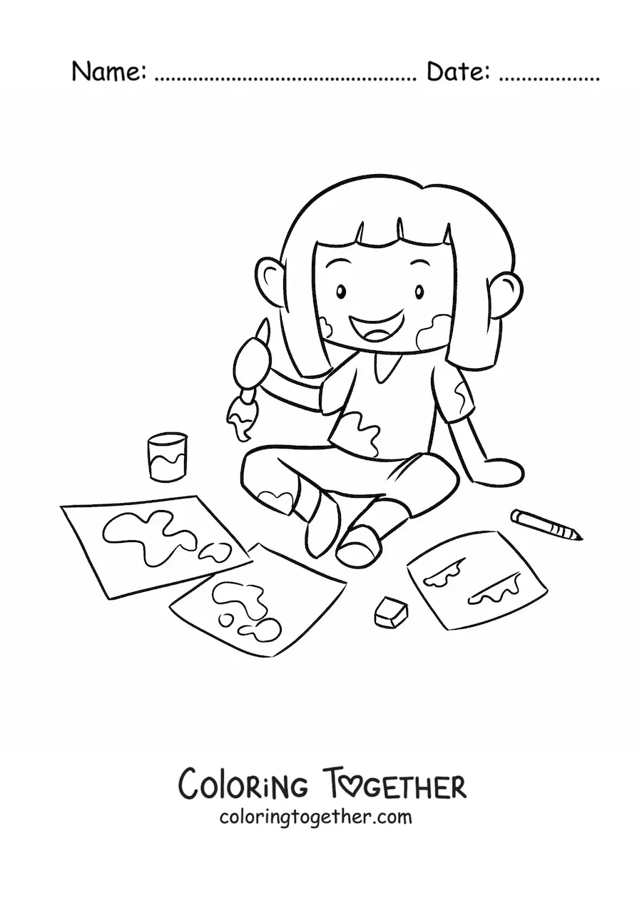 Coloring page of a girl painting on sheets of paper