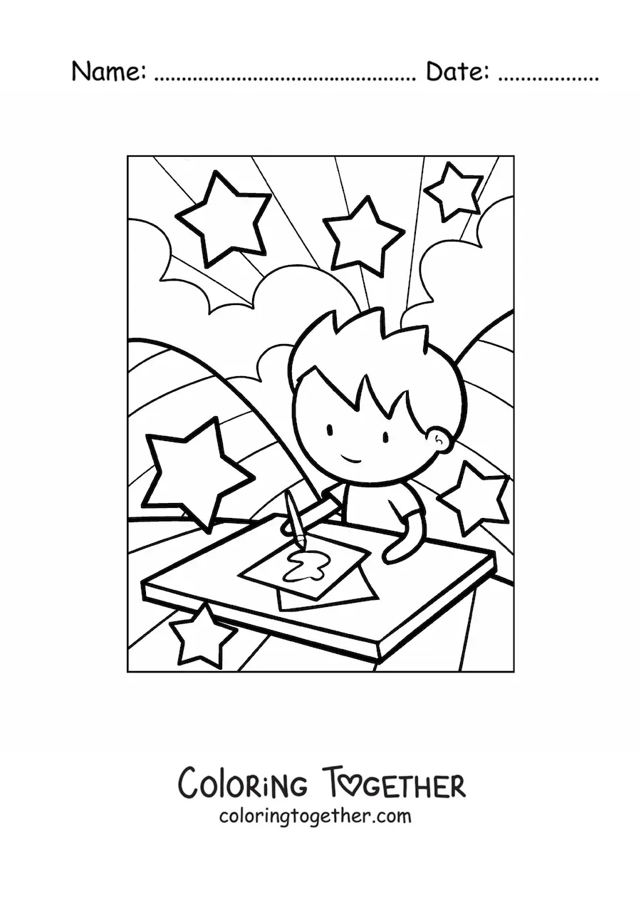 Coloring page of a boy painting in art class