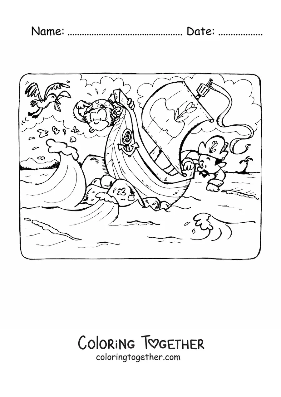 Coloring page of a pirate ship at sea crashing through the waves