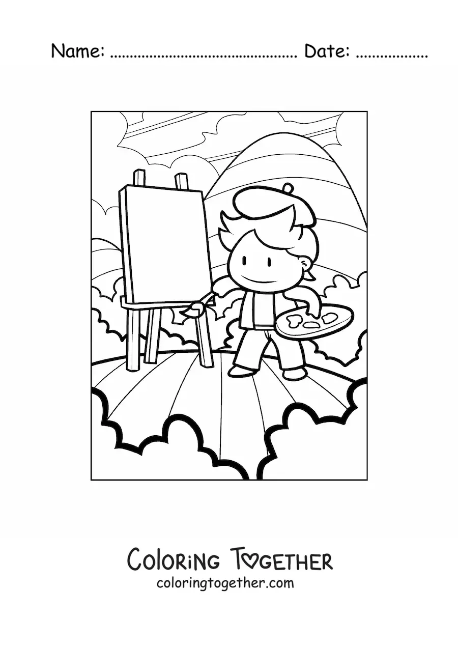Coloring page of a cartoon painter creating a work of art