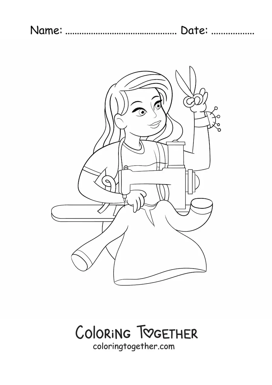 Coloring page of a dressmaker and seamstress with a sewing machine