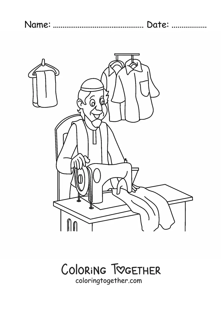Coloring page of a male dressmaker with a sewing machine