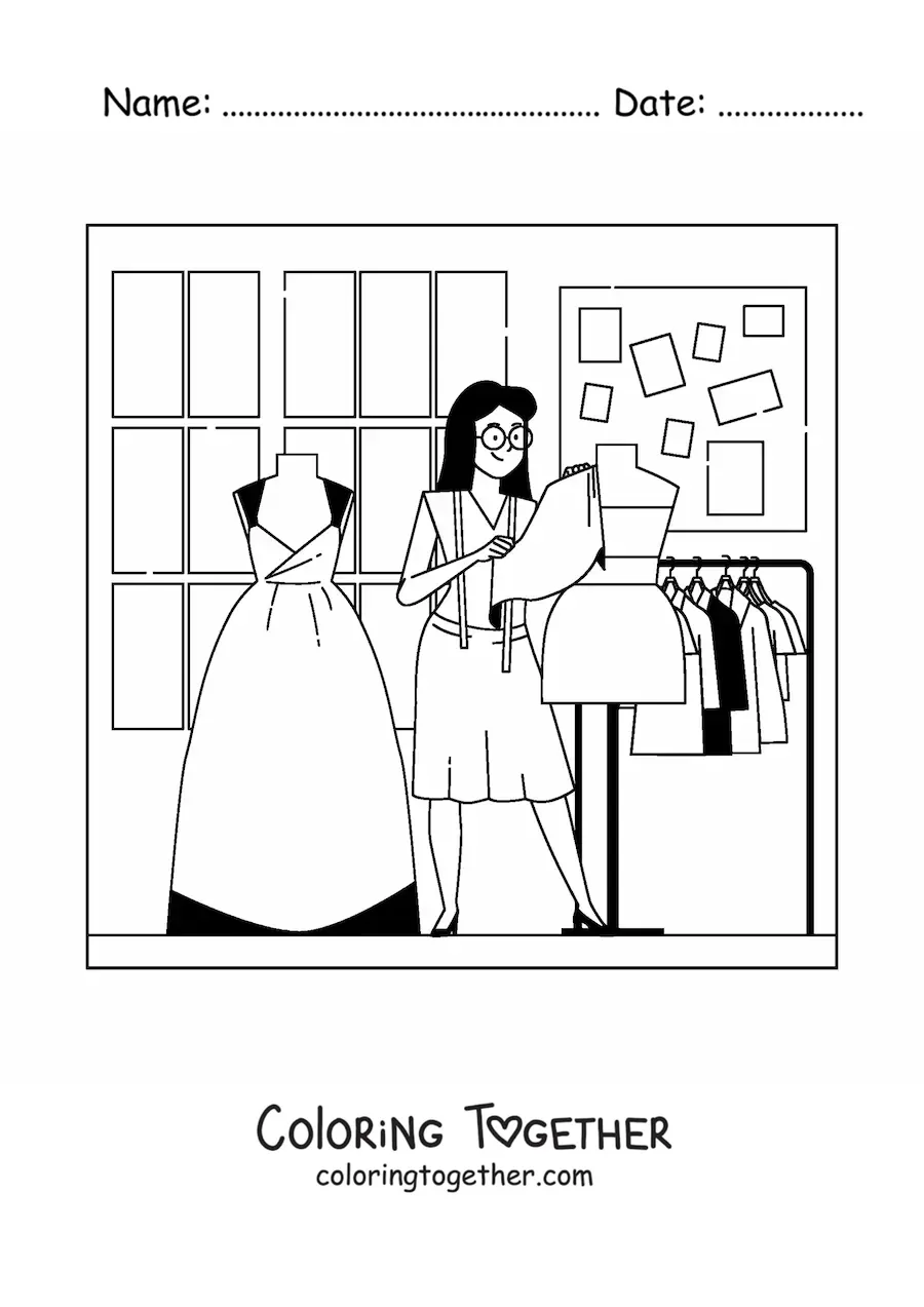 Coloring page of a fashion designer with a mannequin