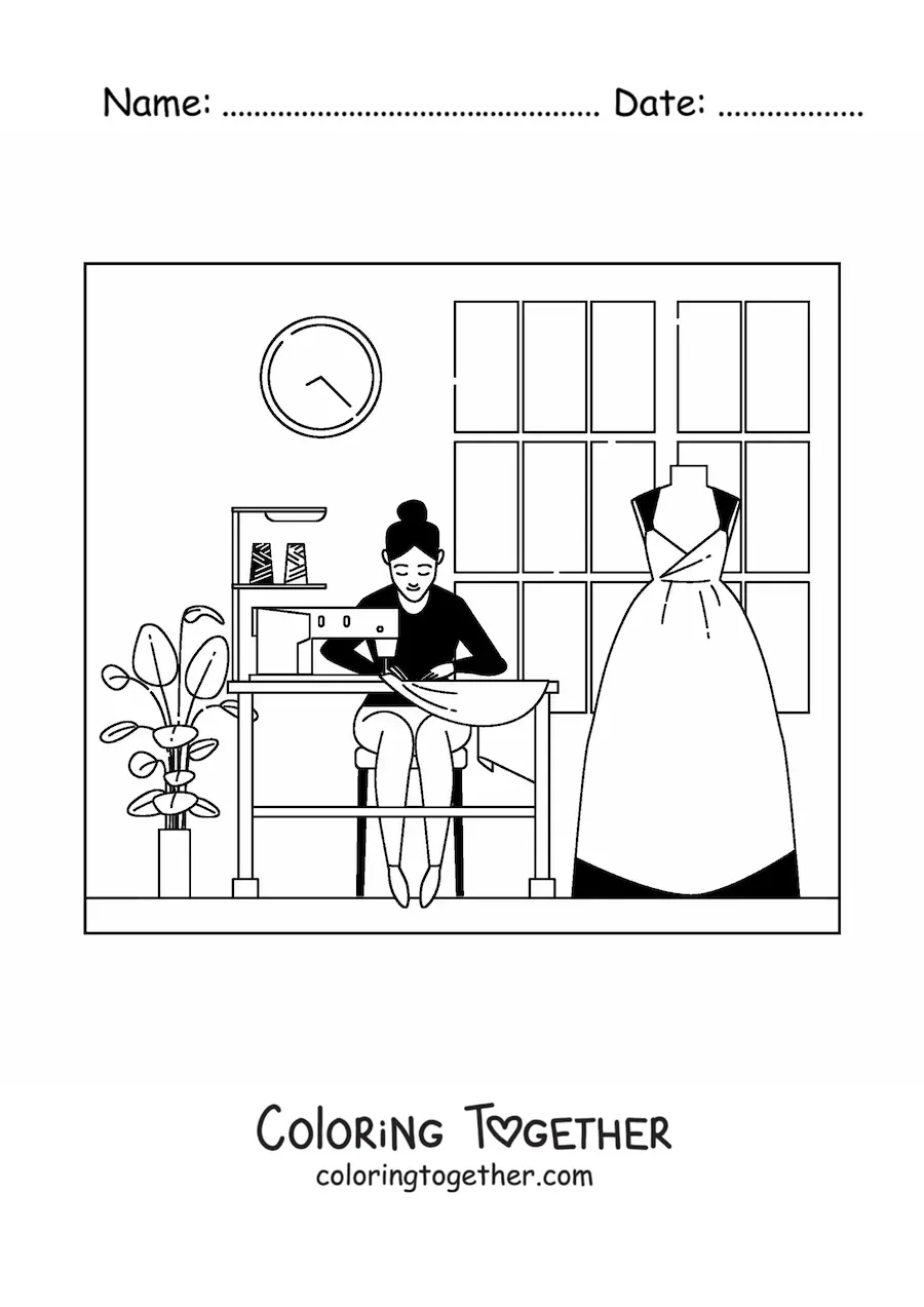 Coloring page of a fashion designer and seamstress with a sewing machine