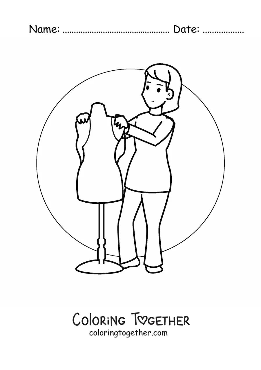 Coloring page of a woman dressmaker with a mannequin