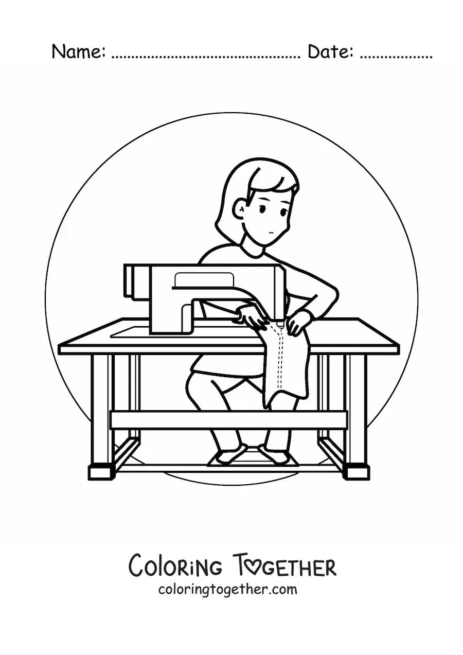 Coloring page of a woman dressmaker with a sewing machine