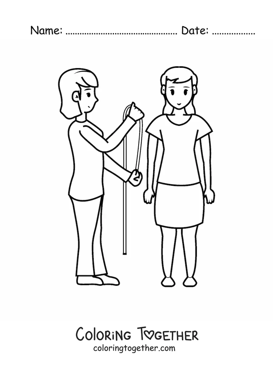 Coloring page of a woman dressmaker taking the client's measurements