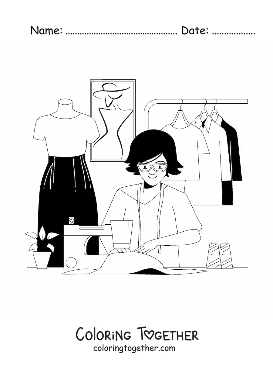 Coloring page of a fashion designer sewing on a sewing machine next to a mannequin