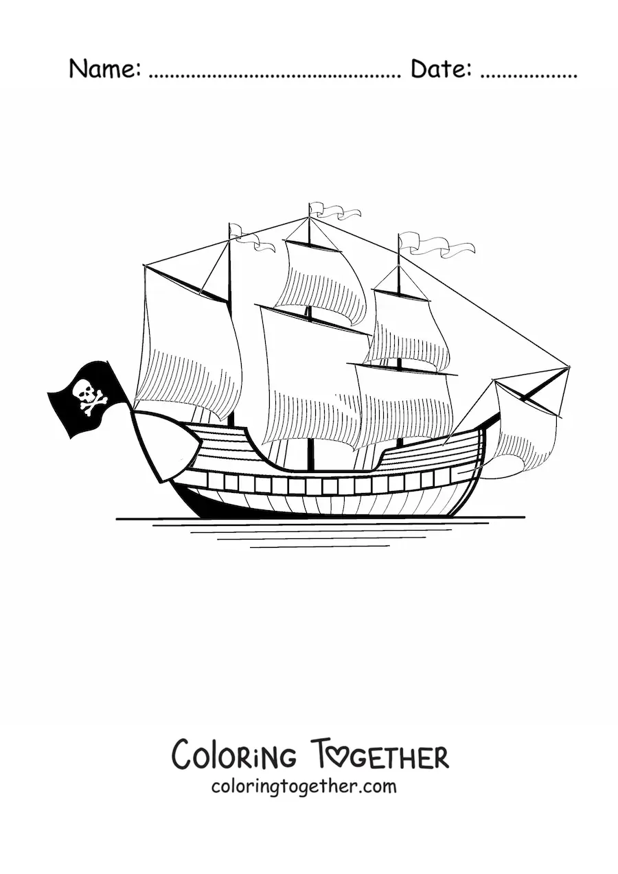 Coloring page of a pirate ship at sea