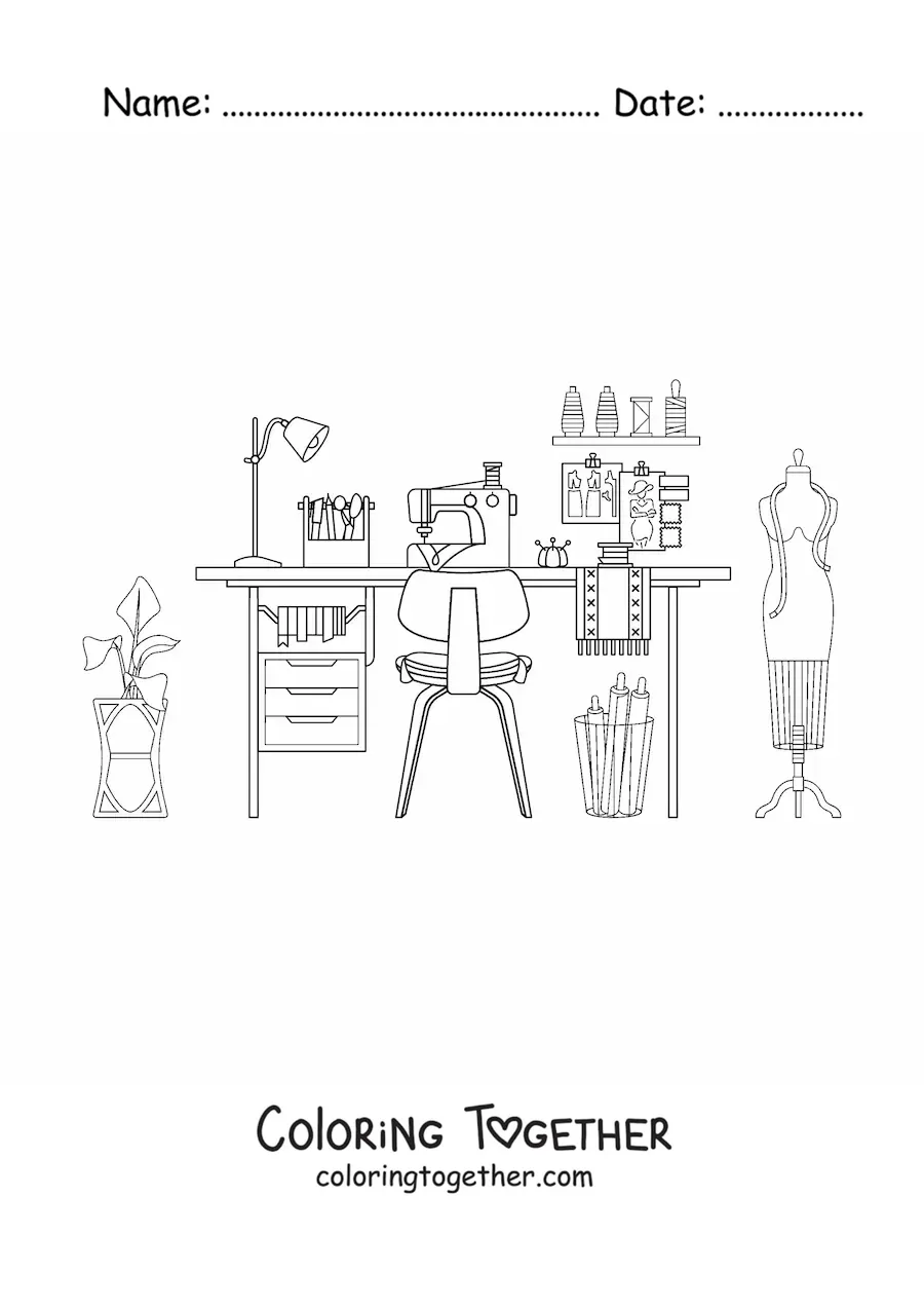 Coloring page of a dressmaker's workshop and her tools