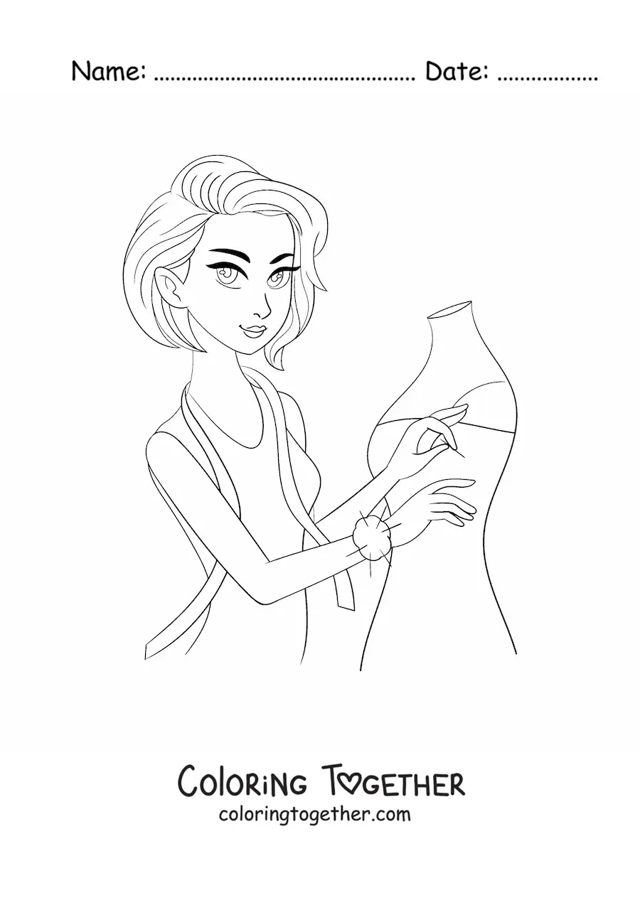 Coloring page of a woman who works as a dressmaker with a mannequin