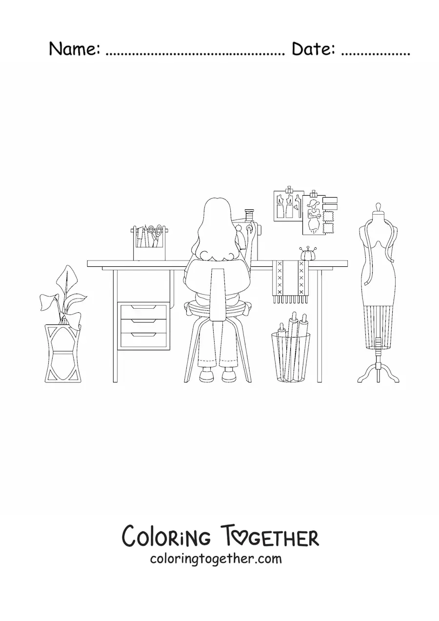 Coloring page of a woman who works as a dressmaker in her sewing workshop