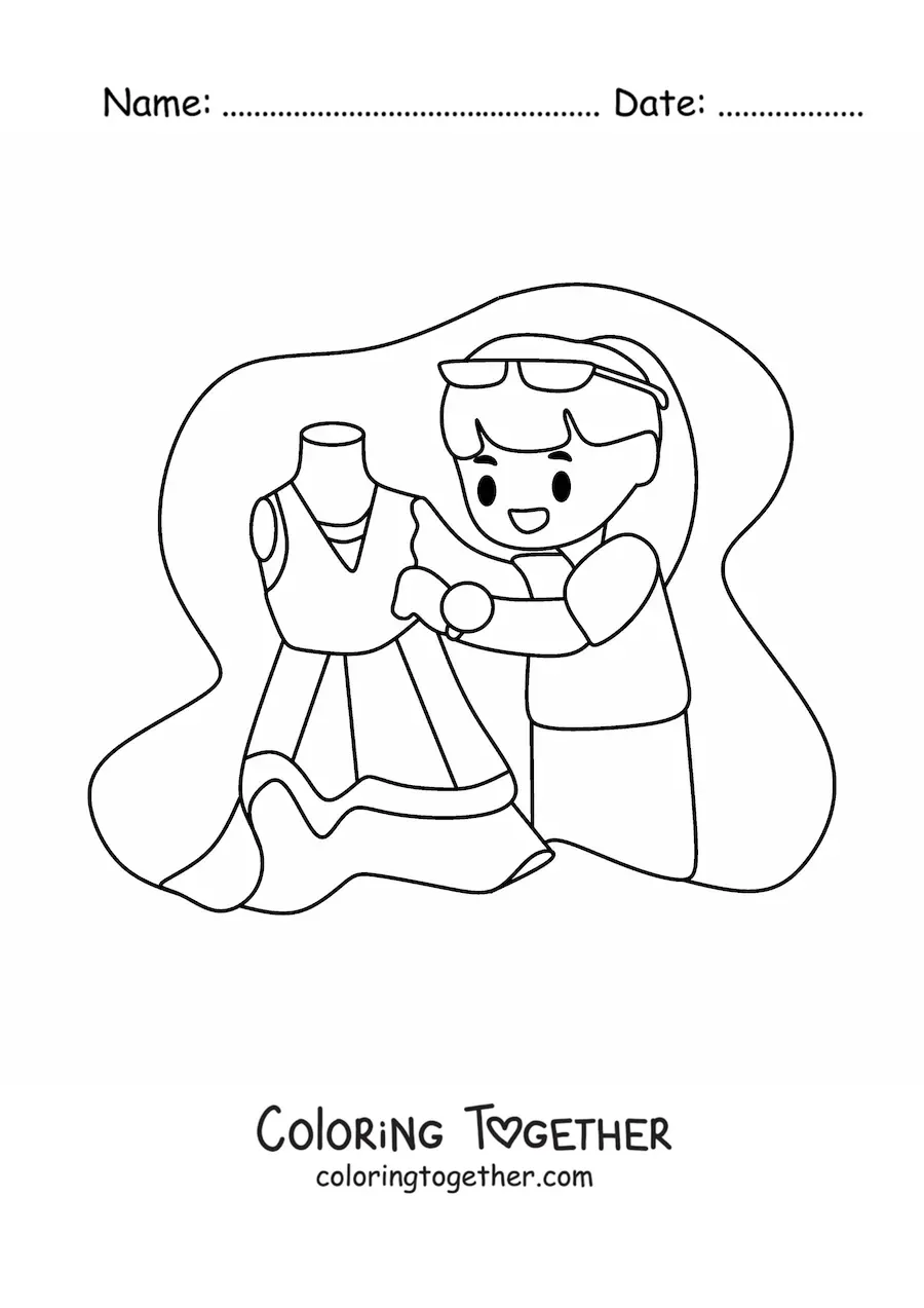 Coloring page of a cartoon fashion designer with a dress on a mannequin