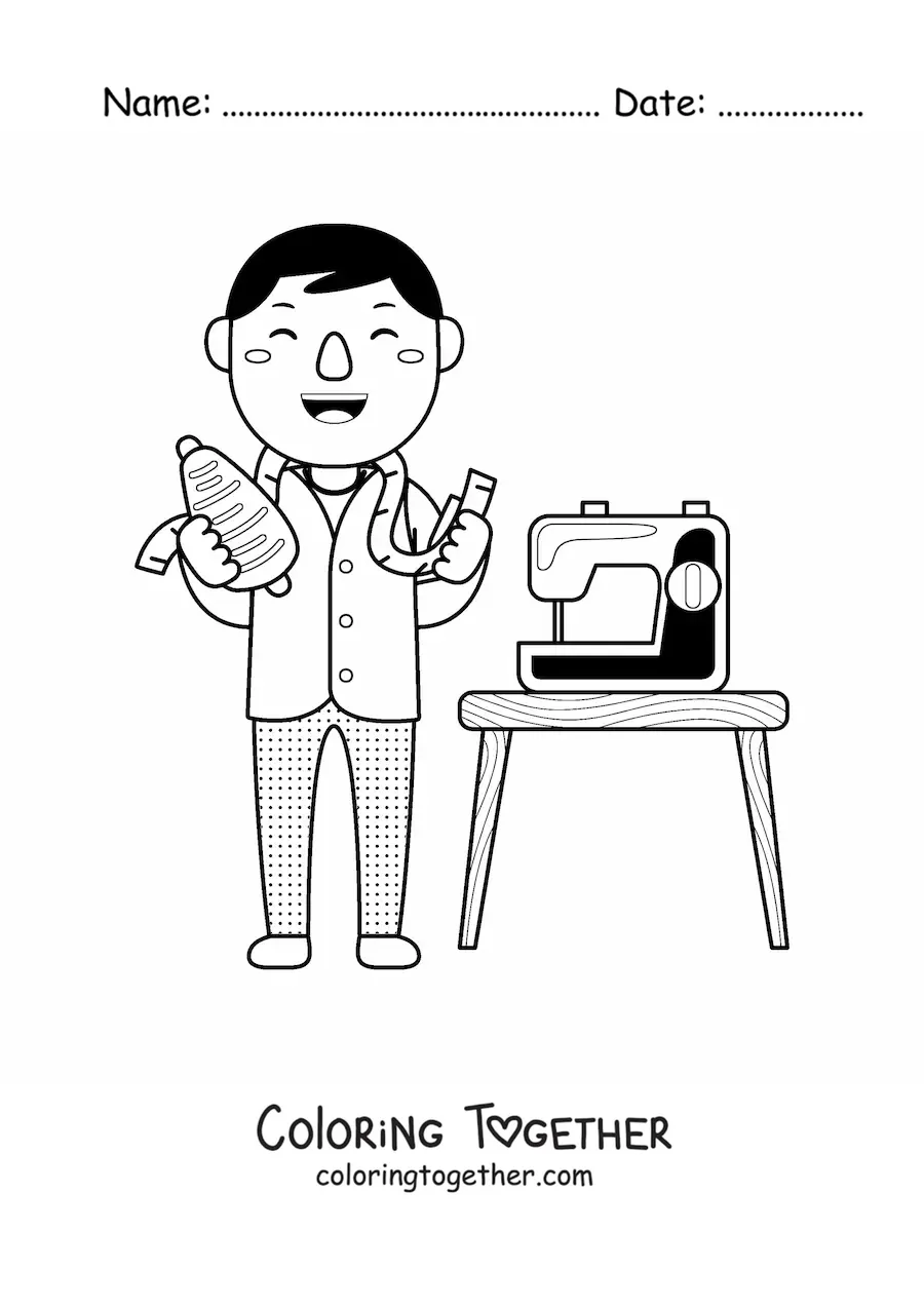 Coloring page of a tailor with a measuring tape and a sewing machine