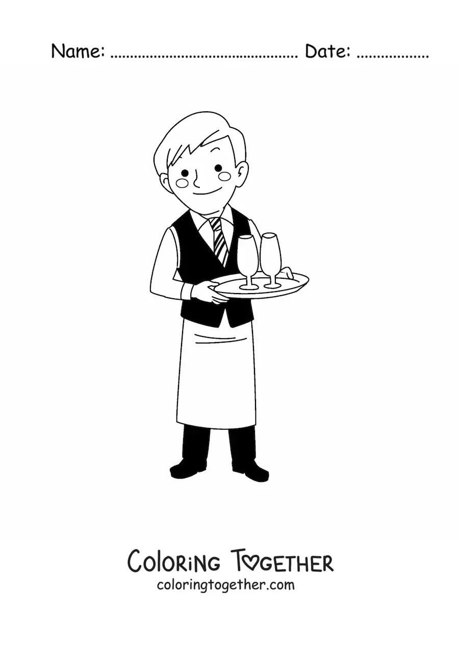Coloring page of a waiter at a restaurant